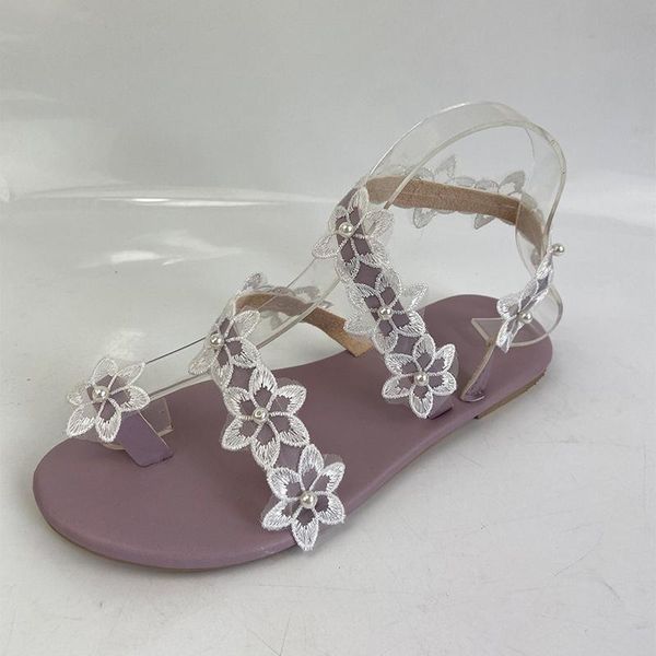sandals women's lace flower purple elegant pu slip on casual beach ladies shoes summer woman clip toe flats female footwear 2021, Black